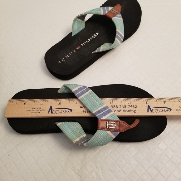 Tommy Hilfiger Light Blue Striped Brown Leather Thong Flip Flops Size 5M - Picture 7 of 7
